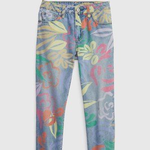 Kids 16 Boyfriend High-Rise Floral Print Girlfriend Floral Leaves Jeans Washwell